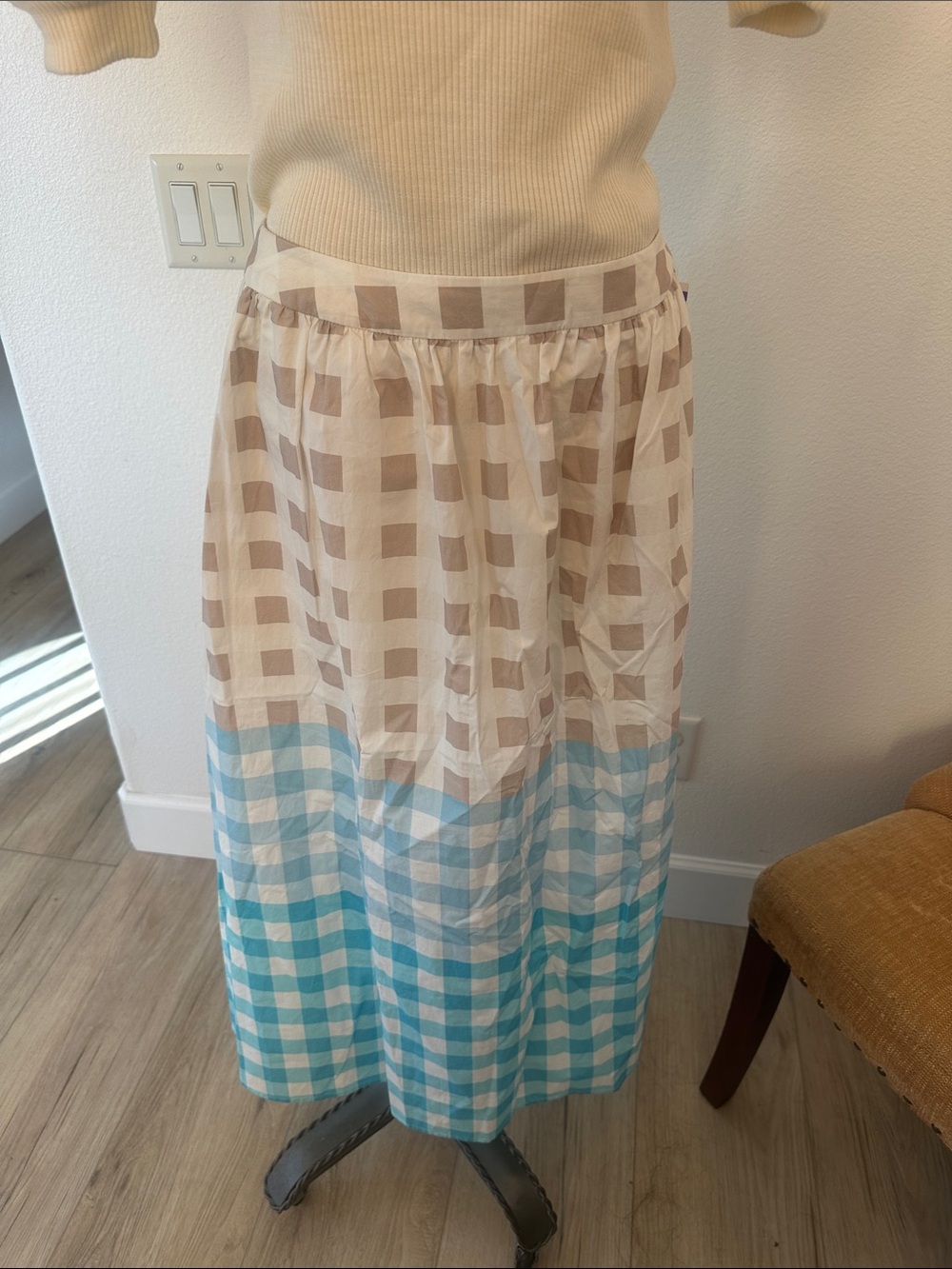 Gingham-Block Midi Skirt in Beige and Light Blue